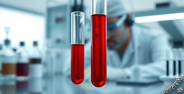 Una imagen de un tubo de ensayo con sangre y un científico analizando resultados en un laboratorio