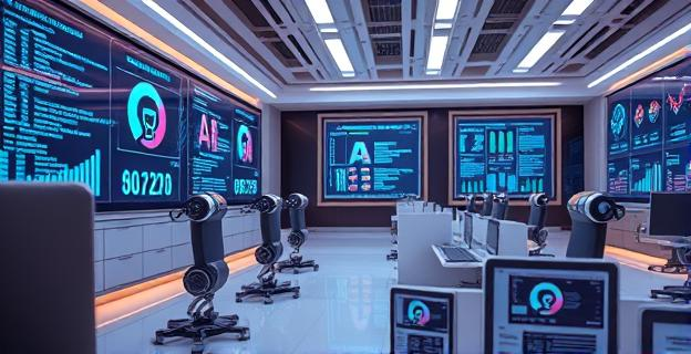 Imagen de una oficina futurista con pantallas mostrando códigos y gráficos de Inteligencia Artificial, con robots trabajando en segundo plano.