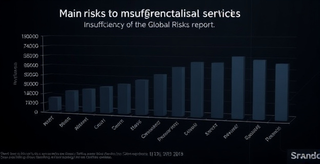 Una representación visual de un gráfico de barras mostrando los principales riesgos en España según el informe Global Risks, con colores oscuros y tonos de gris, destacando la insuficiencia de servicios públicos.