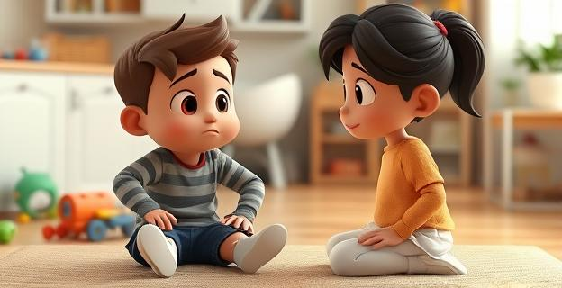 Imagen de un niño pequeño sentado en el suelo con expresión desafiante mientras un adulto cercano permanece calmado y firme, sin mostrar contacto directo entre ellos. El fondo muestra un entorno hogareño con juguetes dispersos.