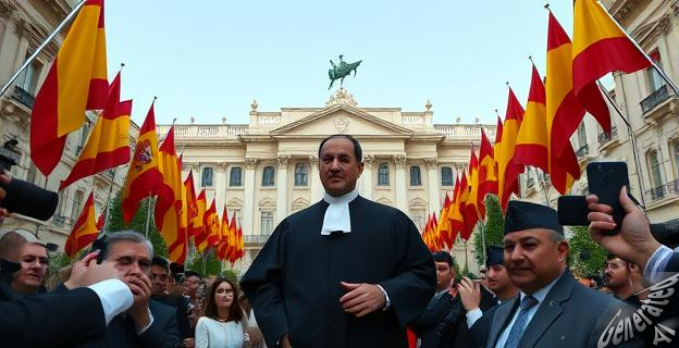 Una imagen de la sede de la Moncloa con banderas españolas ondeando, mientras en el centro se ve al juez Juan Carlos Peinado con toga y birrete, rodeado de periodistas.