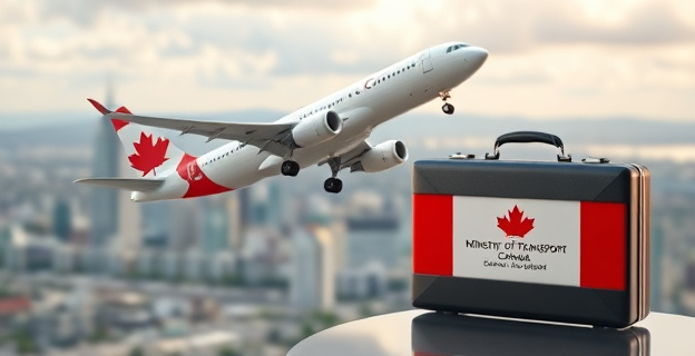 Una imagen conceptual que represente un avión despegando hacia Canadá con un fondo de la ciudad de Montreal y un maletín de ejecutivo con un logotipo del Ministerio de Transportes. No incluir caras de personas reales.