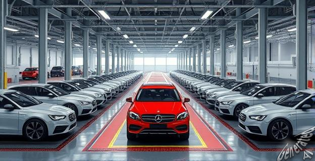 Una fábrica de coches con varias líneas de producción detenidas temporalmente, rodeada de coches aparcados en un gran almacén.