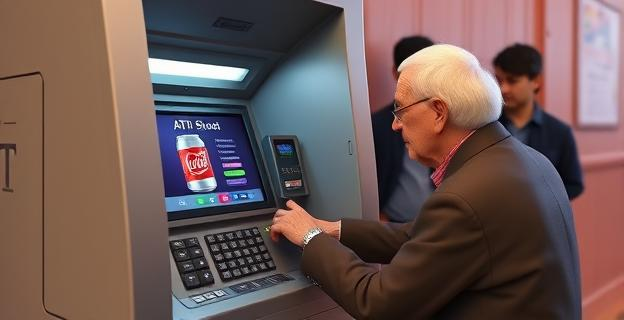 Imagen de un cajero automático con una chapa de refresco en el teclado y una persona mayor intentando usarlo, con dos individuos detrás disimulando ser samaritanos