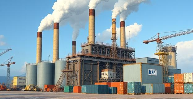 Una gran fábrica con chimeneas humeantes y estructuras metálicas en construcción, con contenedores y maquinaria pesada en un paisaje industrial
