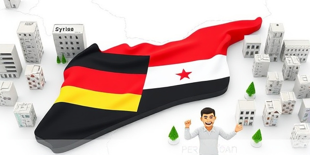 Un mapa de Siria con banderas alemanas y sirias ondeando juntas, rodeadas de edificios reconstruidos y personas sonriendo