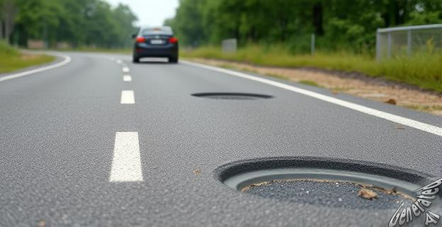 Imagen de una carretera con un coche circulando por el arcén, con baches y objetos sueltos en el suelo.