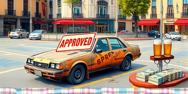 Una ilustración satírica estilo caricatura editorial. Un coche destartalado, oxidado y sin ruedas, con un sello gigante de 
