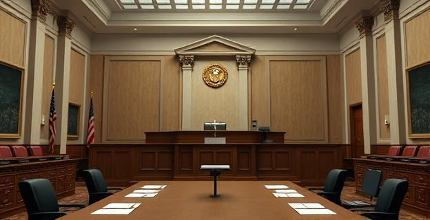 Una sala del Tribunal Supremo con un estrado judicial vacío y un ambiente serio, con documentos y pantallas de ordenador sobre una mesa