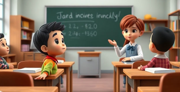 Imagen de un aula con un niño desmotivado y un profesor enseñando de manera tradicional, con libros y pizarras al fondo