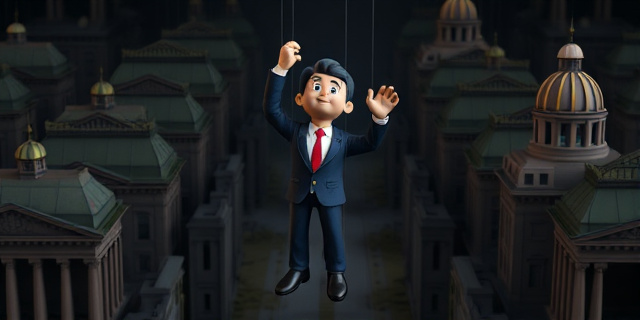 Imagen conceptual de una marioneta con los colores de un partido político siendo manipulada por hilos invisibles, con un fondo que representa un laberinto de edificios gubernamentales. Estilo pictórico, colores oscuros y contrastados, iluminación dramática.