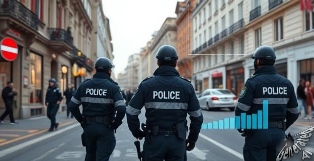 Una imagen de la ciudad de San Sebastián con agentes de policía en la calle, reflejando una sensación de seguridad y vigilancia, con un fondo que muestra gráficos de estadísticas de criminalidad.