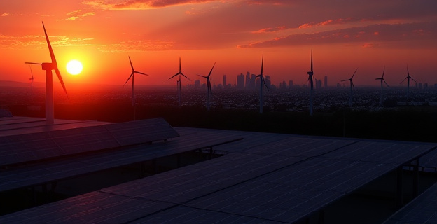 Una imagen de una central eléctrica con paneles solares y turbinas eólicas al atardecer, con un fondo de una ciudad a oscuras representando un apagón