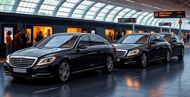 Imagen de cuatro berlinas negras de lujo con choferes en una estación de tren moderna y concurrida, con un contraste entre el lujo de los vehículos y la gente esperando en el andén.