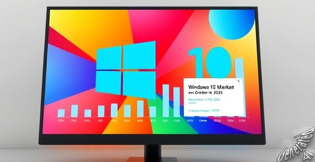 Una imagen de una pantalla de computadora con el logotipo de Windows 10 en un fondo de colores que representan un aumento, con gráficos de barras mostrando el aumento en la cuota de mercado de Windows 10 y una pequeña ventana emergente que indica el fin del soporte el 14 de octubre de 2025.