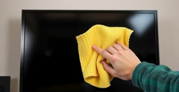Una pantalla de televisión limpia y brillante con un paño de microfibra en la mano
