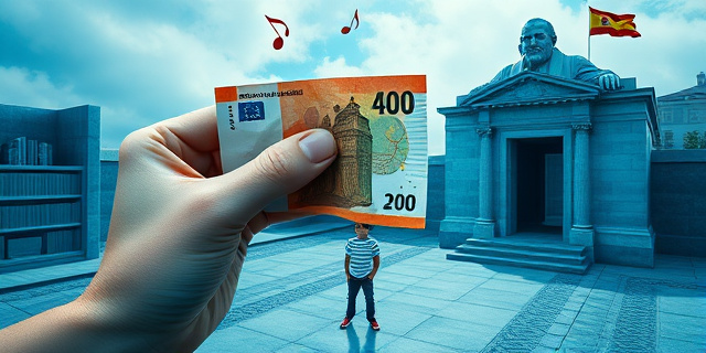 
  Imagen surrealista y crítica:
  Una mano gigante sostiene un billete de 400 euros arrugado, mientras en segundo plano se ve un joven con mochila (ex-mena) parado frente a dos opciones: a la izquierda, una librería con libros abiertos y música; a la derecha, la entrada monumental del Valle de los Caídos, con una bandera española ondeando y una sombra alargada de Franco en el suelo. El fondo es un collage de estadísticas: ‘70% uso bono’ y ‘2022-2026: mismo dinero, más marketing’. Tonos fríos (azules institucionales) contrastan con el rojo del billete y el gris de la piedra del mausoleo. Estilo: fotografía documental con toques de caricatura política.