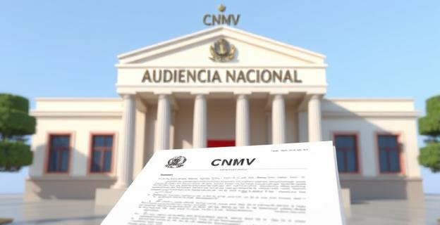 Ilustración de un edificio institucional representando la Audiencia Nacional con un letrero indicando 