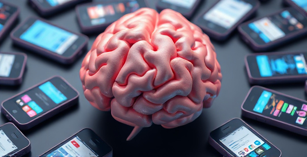 Una representación visual de un cerebro humano rodeado de pantallas de teléfonos móviles mostrando feeds de redes sociales, con efectos de distorsión o degradación en ciertas áreas del cerebro.