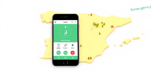 Un mapa de España con zonas rurales resaltadas y un teléfono móvil con una llamada de emergencia en pantalla