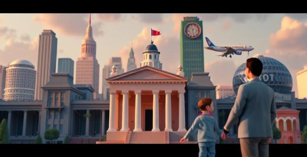 Una ciudad con un juzgado y una familia separándose en primer plano con un aeropuerto al fondo