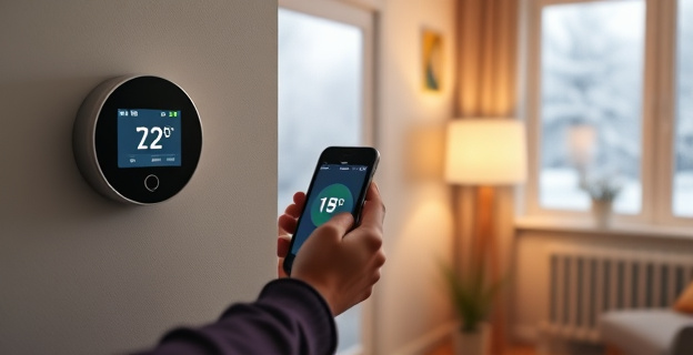 Una escena doméstica con un termostato inteligente en la pared, con una persona ajustando la temperatura en su teléfono móvil mientras la calefacción está encendida en el fondo, con un ambiente acogedor y una ventana que muestra un paisaje invernal nevado.