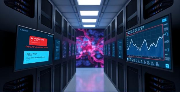 Imagen de un centro de datos con múltiples servidores y pantallas mostrando gráficos y estadísticas. Una pantalla muestra un mensaje de error y otra un gráfico de caída de rendimiento. Al fondo, una representación abstracta de conexiones de red y sistemas cayendo.