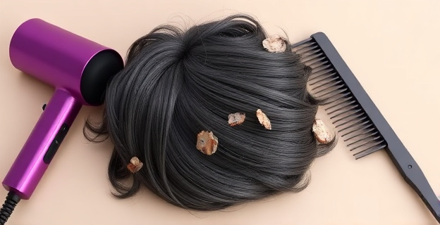 Imagen de un cabello dañado con una secadora y peine al lado, sobre fondo neutro