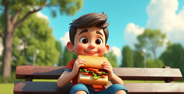 Un niño de los años 80 sentado en un parque comiendo un bocadillo de Nocilla con una expresión de felicidad, mientras al fondo se ve un cielo azul con nubes blancas