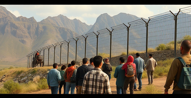 Una imagen conceptual que represente la tensión y la presión migratoria en una frontera, con personas de diferentes orígenes en un paisaje montañoso y vallas de seguridad deterioradas al fondo.