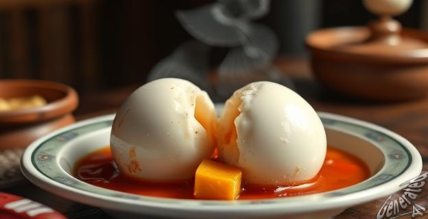 Una imagen de un plato de huevo centenario chino con un aspecto poco apetitoso y un agente de viajes con una expresión de advertencia