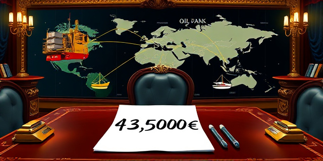 Una ilustración satírica de estilo editorial. Un escritorio lujoso con un documento en blanco que tiene una etiqueta de precio de 425.000 euros. Al fondo, un mapa conceptual que conecta una torre de petróleo, un banco suizo y una playa del Caribe, unidos por hilos de oro. Estilo artístico de caricatura política moderna, colores contrastados, iluminación dramática.