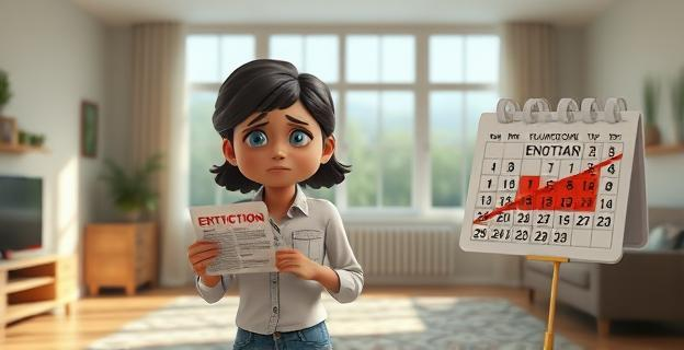 Una mujer llorando en un salón vacío con una carta de desahucio en la mano y una fecha tachada en un calendario