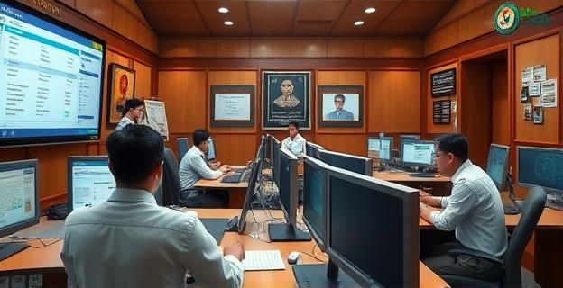 Oficina gubernamental con funcionarios trabajando en ordenadores, mostrando documentos y pantallas con información sobre pagos y transacciones financieras