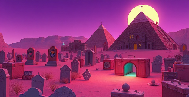 Una serie de viñetas surrealistas que representan la esencia de cada pueblo. Un cementerio de lápidas de helado con nombres extravagantes bajo un cielo violeta. Una montaña de maletas antiguas apiladas en un desierto, algunas abiertas revelando objetos inesperados. Una ciudad futurista estilizada con naves espaciales minimalistas y un holograma de un capitán heroico. Una encrucijada polvorienta bajo un sol abrasador, con una guitarra resonando con un aura misteriosa. Una pirámide subterránea con engranajes visibles, custodiando objetos de los años 70. Una pequeña ciudad circense con tiendas de campaña coloridas y personajes fantásticos. Un paisaje post-apocalíptico de un pueblo en ruinas con grietas humeantes en el suelo. Un asentamiento bohemio de caravanas y estructuras improvisadas bajo un sol implacable. Una cueva oscura con una silueta espectral y luces inquietantes. Un edificio monolítico y autosuficiente incrustado en un fiordo gélido, con un pequeño túnel en su base. El estilo debe ser una mezcla de ilustración de libro de cuentos y realismo mágico, con colores vivos y contrastes dramáticos.