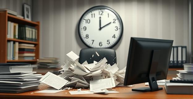 Oficina con documentos siendo destruidos apresuradamente, con un reloj de fondo marcando las horas antes de una inspección