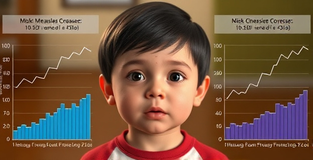 Imagen de un niño con síntomas de sarampión, rodeado de gráficos que representan la caída de las coberturas vacunales y el aumento de casos.