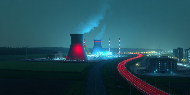 Una central nuclear iluminada con luces rojas y azules, rodeada de campos verdes y una carretera que lleva a una ciudad, con edificios modernos y maquinaria pesada, simbolizando la energía y la política