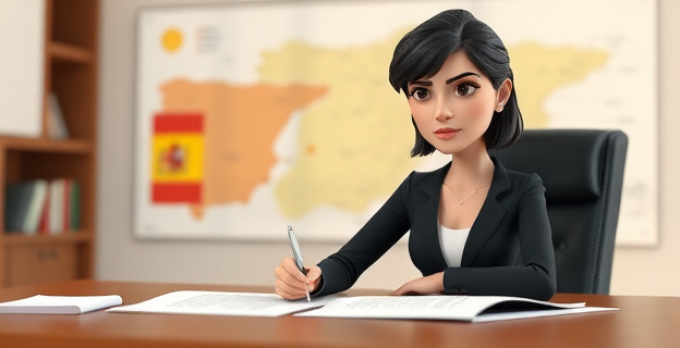 Una mujer sentada en una mesa con papeles y un bolígrafo, con una expresión de seriedad en su rostro. Al fondo, un mapa de España o la Comunidad Valenciana.