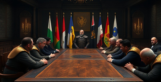 Una escena tensa en un castillo medieval donde líderes europeos se reúnen alrededor de una gran mesa de madera, con banderas de diferentes países detrás de ellos. La atmósfera es de debate intenso.