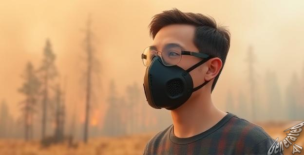 Una imagen de una persona con una mascarilla protectora en un área con humo de incendios forestales