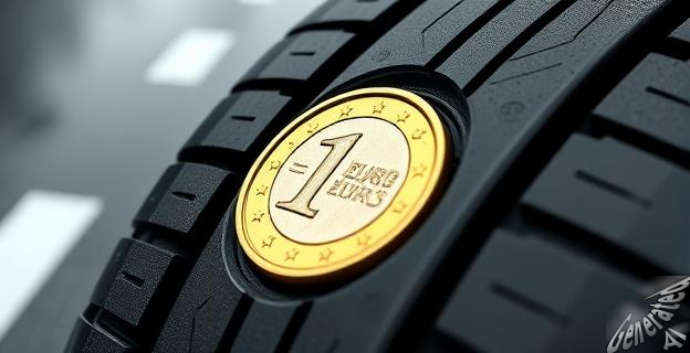 Imagen de un neumático de coche con una moneda de 1 euro introducida en sus ranuras, mostrando el borde dorado visible y una carretera mojada al fondo.