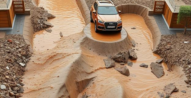Imagen de un barranco desbordado con agua marrón y escombros, representando el desastre natural causado por la DANA en la Comunidad Valenciana.