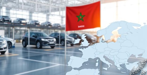 Una imagen de una fábrica de coches en Marruecos con la bandera de Stellantis ondeando en el fondo, mientras que en primer plano se ve un mapa de África y Europa resaltando la conexión entre Marruecos y el mercado europeo.