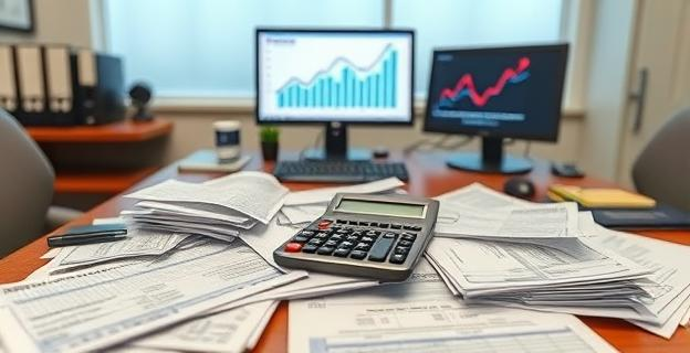 Una imagen representando una oficina con papeles y formularios fiscales desbordando una mesa, con una calculadora y un ordenador en un segundo plano, mostrando gráficos de descenso económico