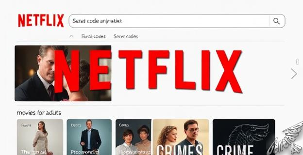 Una imagen de una pantalla de Netflix con una barra de búsqueda y códigos secretos introducidos, mostrando películas románticas para adultos y documentales sobre crímenes.