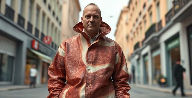 Imagen de una persona vestida con prendas hechas completamente de jamón ibérico, en un entorno urbano con un contraste entre la vestimenta y el ambiente cotidiano