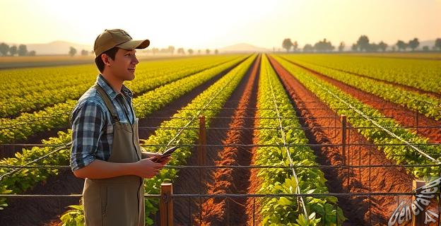 Un joven agricultor mostrando un sistema de riego automatizado en un campo rural español.