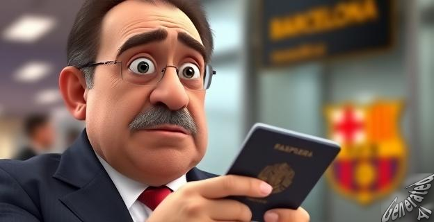 Una imagen del alcalde de Barcelona, Jaume Collboni, con un gesto de sorpresa o decepción, mientras sostiene un pasaporte o un documento de viaje, con un fondo que sugiere un aeropuerto o un lugar de viaje.