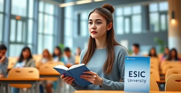 Una joven de 18 años sentada en un aula universitaria de élite, con un edificio moderno al fondo, mientras sostiene un libro y mira hacia adelante con seriedad. Al lado, un folleto o cartel con el logo de ESIC University.